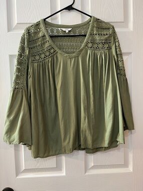 crown & ivy Olive Green Crochet Yoke Blouse